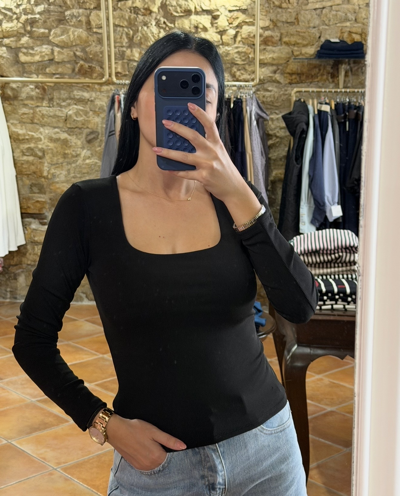Μπλούζα λεπτή ριπ Μαύρο Μπλούζα λεπτή ριπ Μαύρο