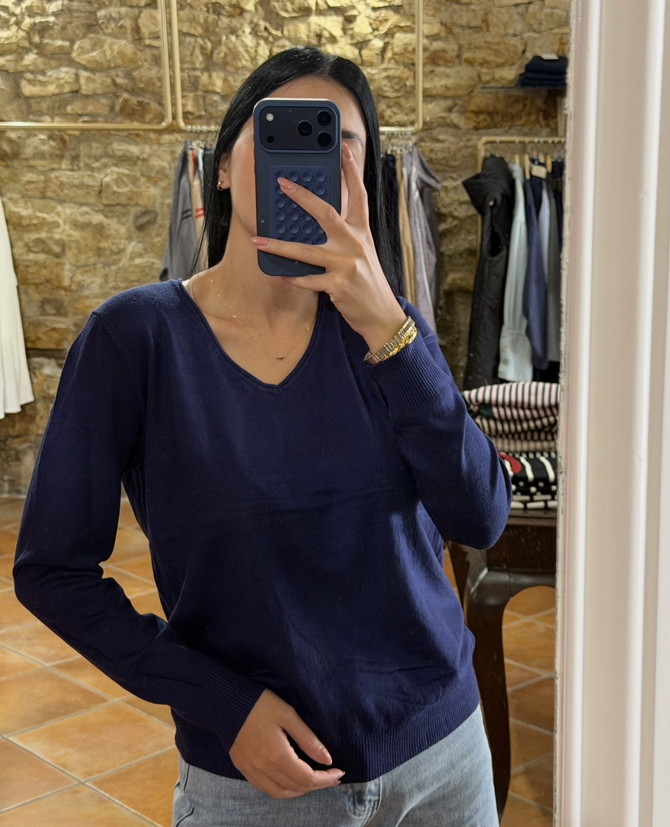 Πλεκτή μπλούζα με v navy blue Πλεκτή μπλούζα με v navy blue